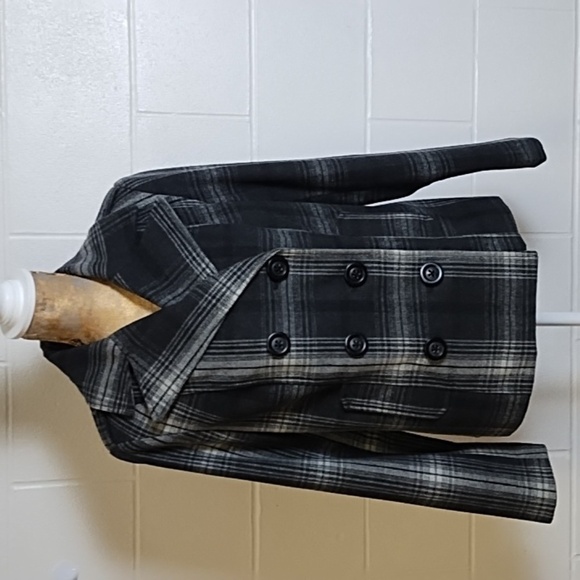 Old Navy Wool Blend Lined Double Breasted Plaid Pea Coat Jacket Medium - Picture 1 of 14